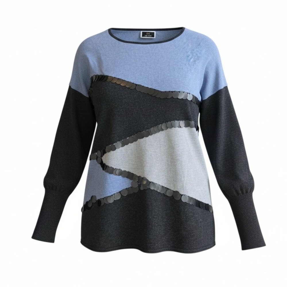 Les Amis Women Colorblock Embellished Grey Blue Bishop Sleeve See Measurements